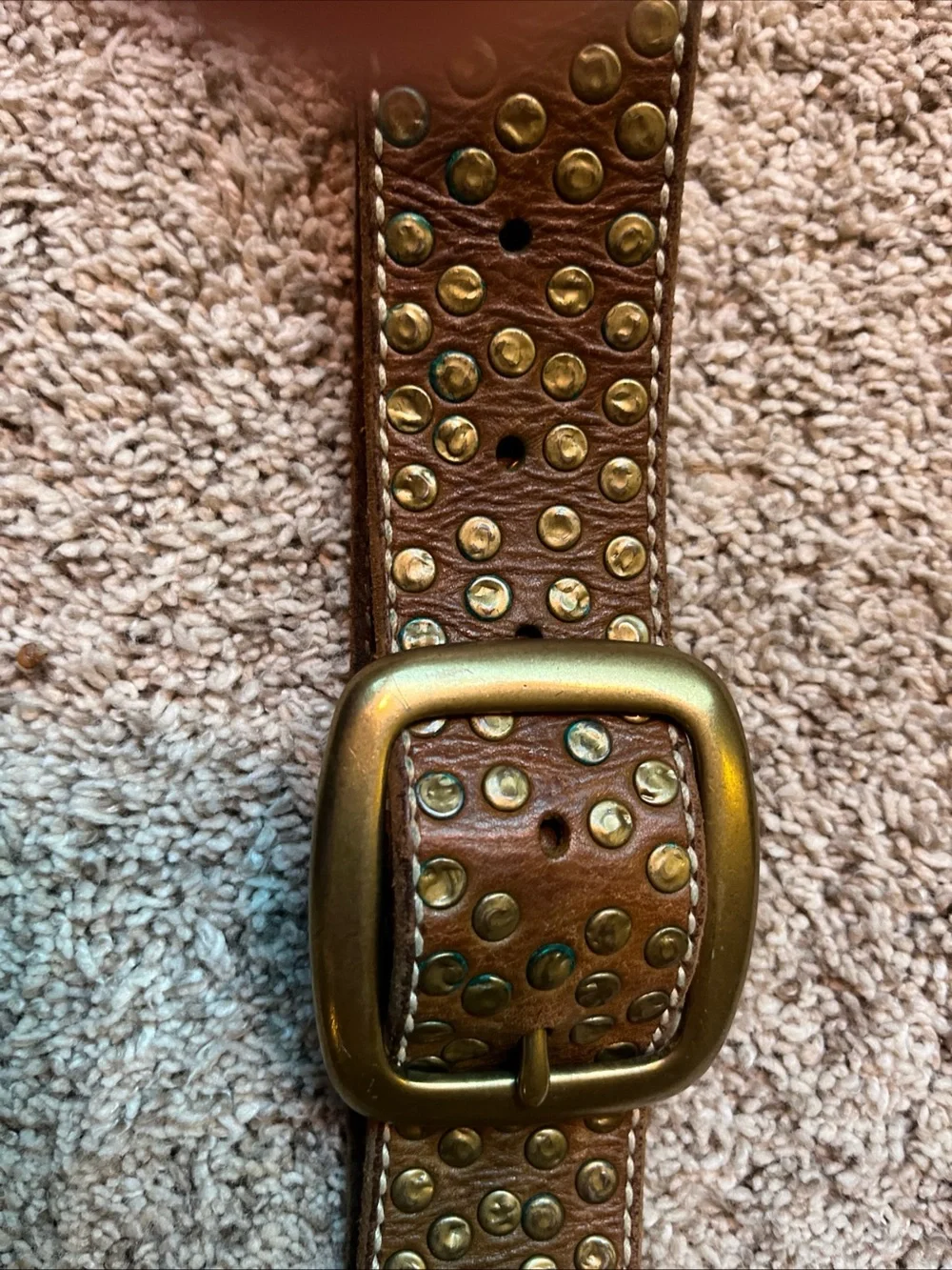 Studded Brown Leather Belt with Solid Brass Buckle - Women Accessories
